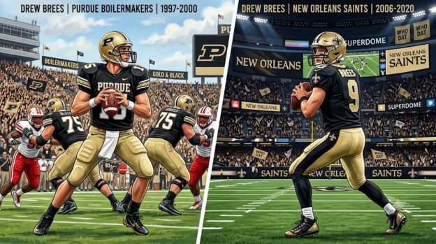 Split screen graphic of Drew Brees as Purdue and Saints Quarterback