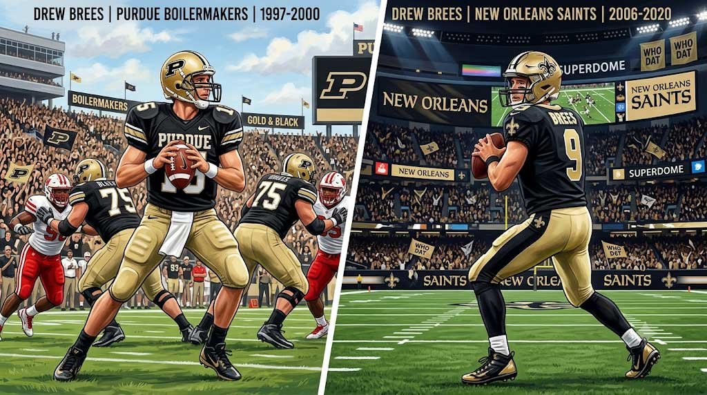 Split screen graphic of Drew Brees as Purdue and Saints Quarterback