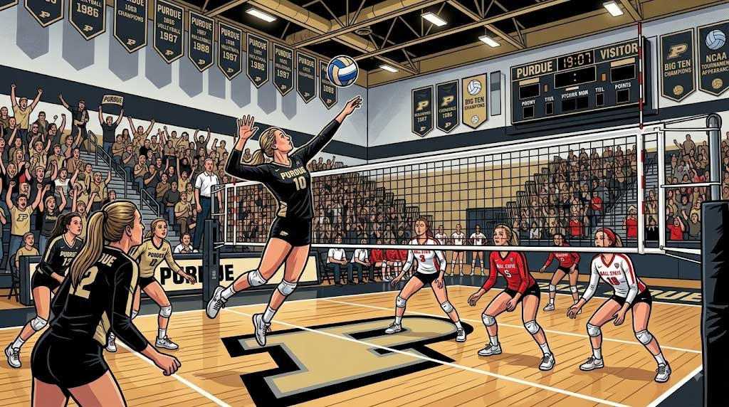 An Illustration of Purdue vs Ball State Vollyball Game